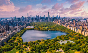 A Central Park in Manhattan, New York, a huge beautiful park surrounded by skyscraper with a pond